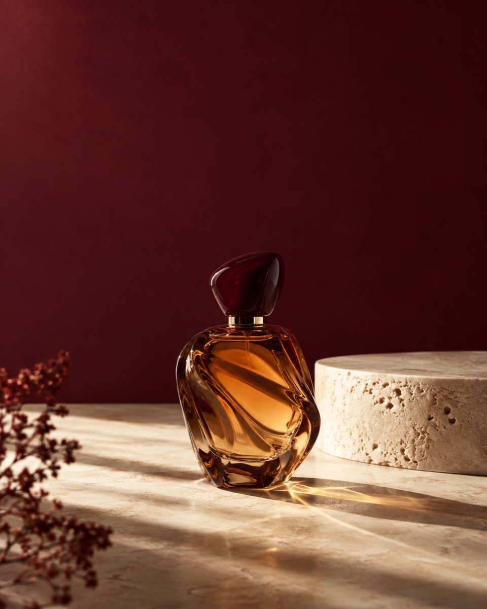 Illustrative ad creative: an amber perfume bottle on ivory stone against burgundy